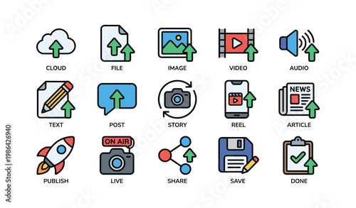 Digital media icons set: cloud, file, image, video, audio sharing features