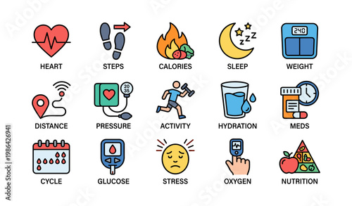 Health and fitness icons set: heart, steps, calories, sleep, weight, distance, pressure