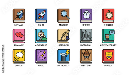 Colorful icons depicting different literary genres in books