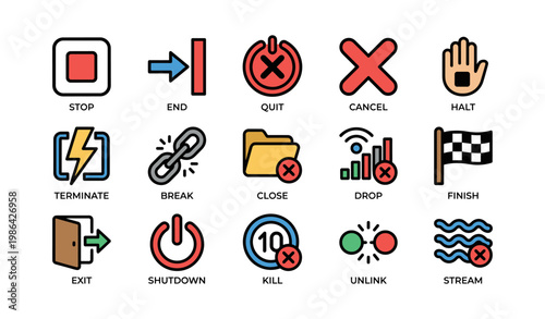 Colorful icon set of various actions and commands: stop, quit, cancel, terminate