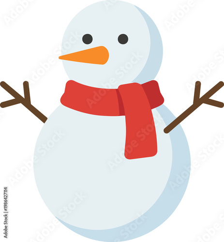 Cheerful snowman with a red scarf and stick arms against a clean background vector style for holiday greetings and winter designs