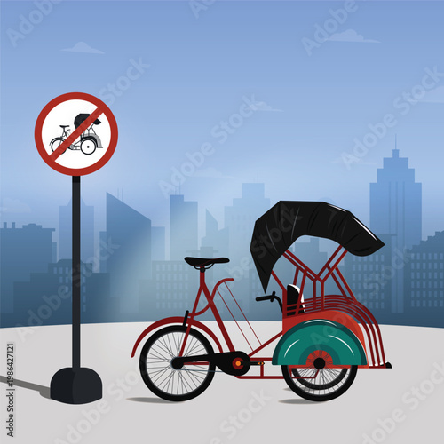 Vector illustration of a traditional pedicab or cycle rickshaw parked near a no parking sign in an urban city background