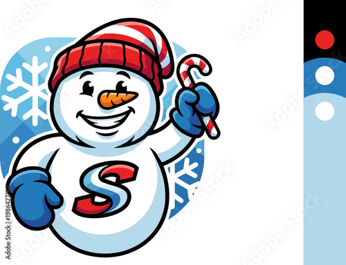 Cheerful snowman mascot with candy cane and letter S logo on shirt; festive winter cartoon character illustration on black
