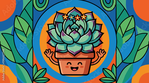 Cheerful succulent character in pot with flowers stylized cartoon illustration colorful botanical design element cute potted plant for graphic projects
