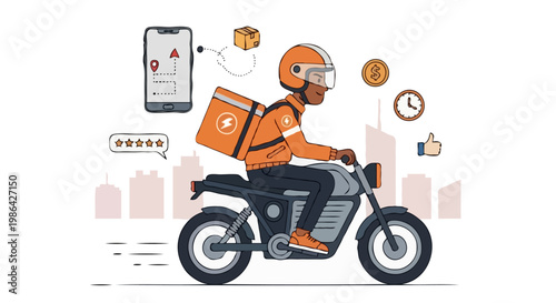 Delivery Man on Motorcycle with Mobile App and Location Pin — Urban Courier