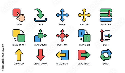 Colorful user interface icons for drag and drop, reorder, move, and swap functions