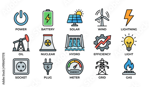 Renewable energy icons: solar, wind, hydro, nuclear, efficiency symbols