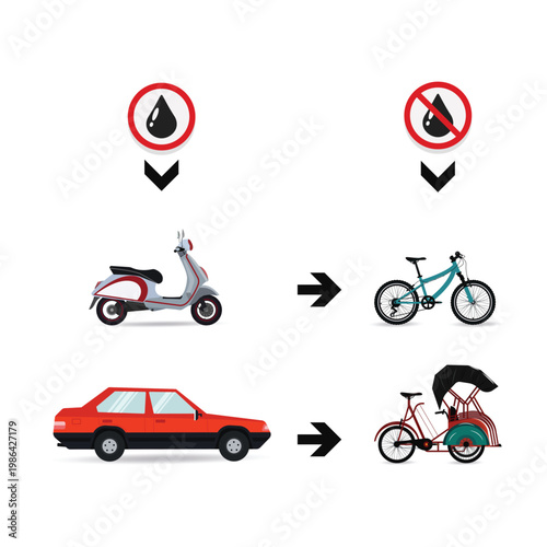 Vector illustration comparing oil based transportation and eco friendly alternatives