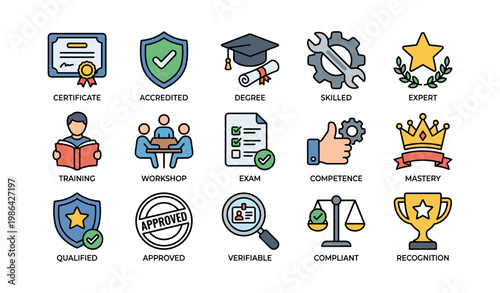 Certification and skill icons including certificate, accredited shield, degree, tools, and more