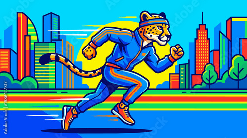Cheetah character running in a blue tracksuit in a cartoon style against a vibrant cityscape background; energetic runner vector art.