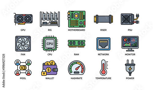 Mining equipment icons: gpu, rig, motherboard, cpu, ram, psu, network, monitor, wallet