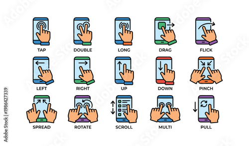 Illustrated smartphone gesture icons: tap, swipe, pinch, rotate, scroll