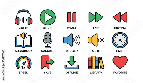 Colorful audio app icons: listen, start, pause, skip, rewind, narrate, speed, save