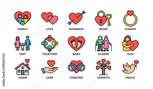 Icons representing family, love, romance, and unity with diverse themes