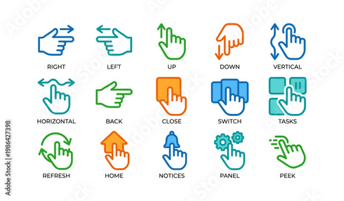 Colorful hand gesture icons for navigation and control