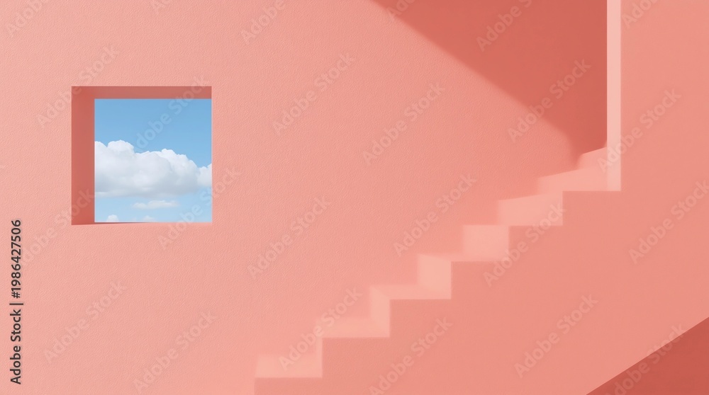 Obraz premium Minimal abstract building space with square window and staircase blue sky background, Architectural design with shade and shadow on pink surface. 3D rendering 
