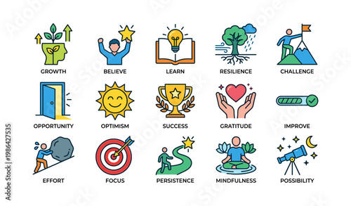 Inspiring icons representing growth, success, and mindfulness with colorful illustrations