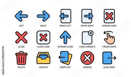 Navigation and action icons set: arrows, swipe, dismiss