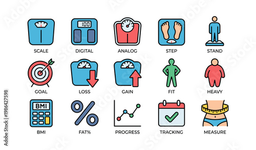 Weight management icons: tracking progress with scale, bmi, fitness, and goals