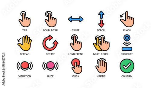 Colorful mobile gesture icons for touch interactions