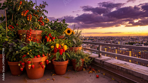 Golden hour rooftop garden overlooking river and skyline, potted blooms spilling over railing, dramatic clouds, outdoor terrace lanterns,