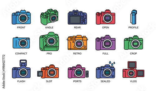 Set of 12 colorful camera icon variations in different styles