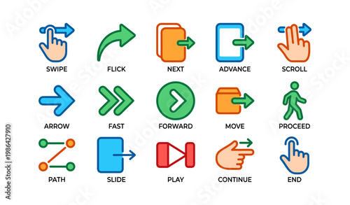 Colorful navigation and action icons with arrows and hand gestures