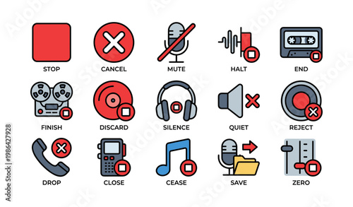 Audio control icons set including stop, cancel, mute, halt, and end options