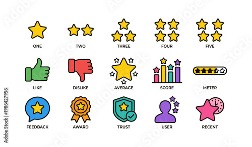 Colorful rating and feedback icons collection with stars and user symbols