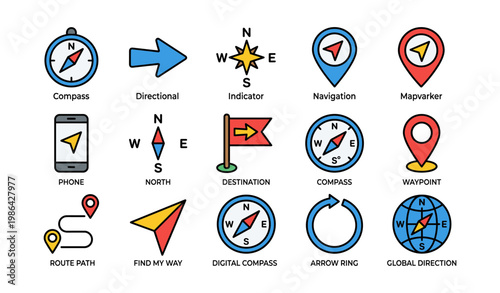 Navigation icons set featuring compass, arrows, map markers, and directional symbols
