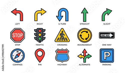 Colorful road signs collection: directions, warnings, regulations, and navigation icons