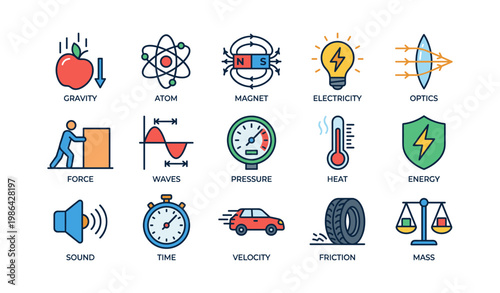 Icon set of fundamental physics concepts and scientific principles