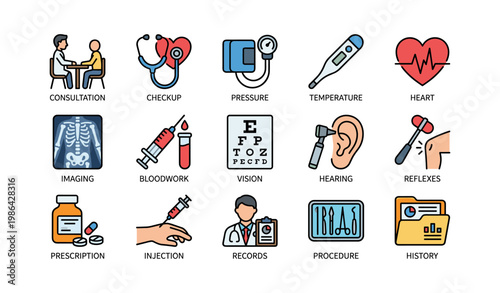 Medical icons: consultation, diagnosis, treatment, health monitoring, patient care