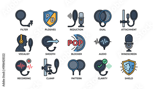 Microphone accessories icons: filters, clamps, windscreens, shields, vocalist symbols