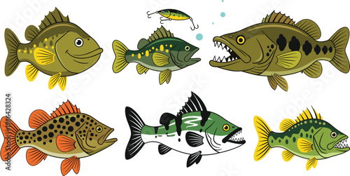 Stylized Fish Vector Collection with Colorful Aquatic Designs and Fishing Lure for Creative and Educational Projects