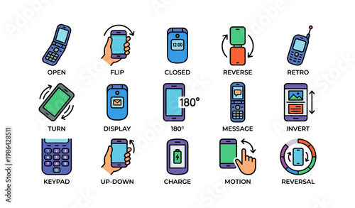 Variety of mobile phone icons: flip, display, 180°, message, invert