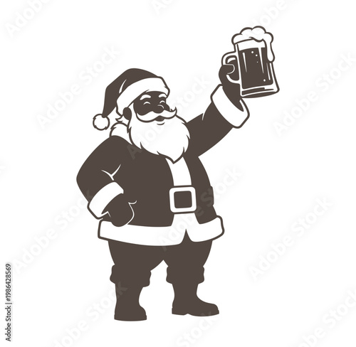 Santa Claus wearing sunglasses holding up a mug of beer in a festive holiday scene