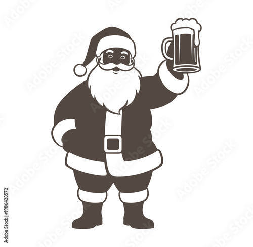 Santa Claus holding up a beer mug in a festive holiday scene with cheer