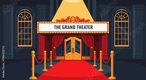 Grand Theater Entrance with Red Carpet and Spotlight