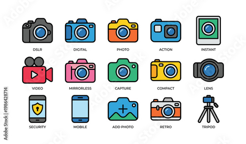 Colorful assorted camera icons depicting different photography equipment