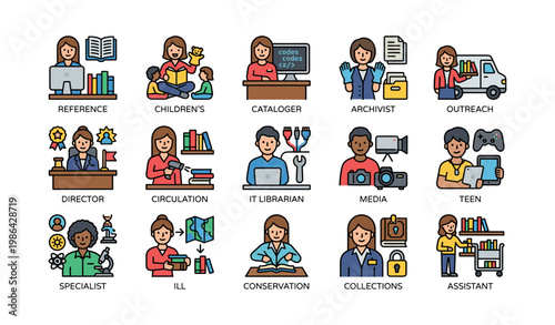 Library roles and responsibilities illustrated with diverse characters