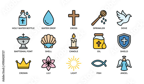 Religious symbols collection featuring cross, dove, candle, angel, and shield icons