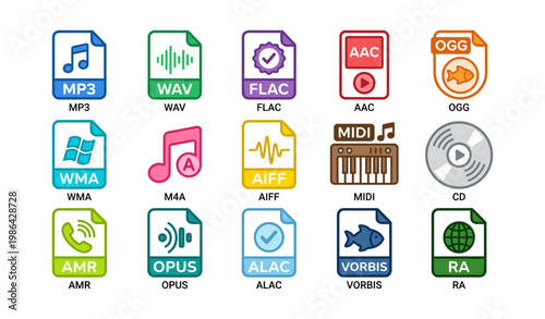 Colorful audio file icons including mp3, wav, flac, and more
