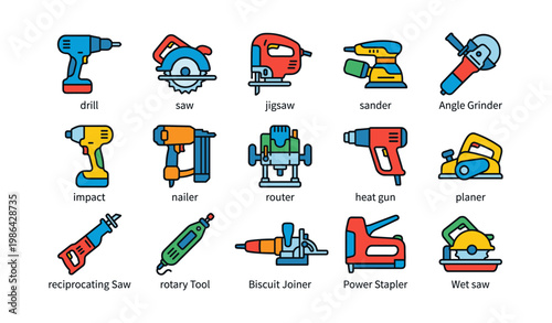 Set of colorful hand tools icons featuring drill, saw, and more