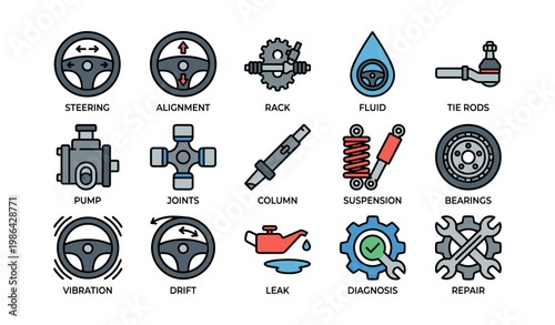 Car maintenance icons: steering, alignment, suspension, bearings, diagnosis