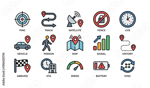 Colorful icon set: gps, navigation, and tracking elements with map and signal indicators
