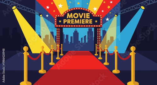 Movie Premiere Red Carpet Entrance with Searchlights and City Skyline