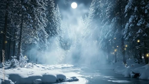 Magical Winter Forest River with Glowing Fireflies and Mist