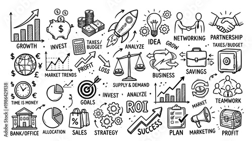 Set of Economy Business doodles. hand drawn style. black and white line art drawing