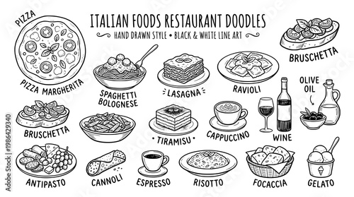 Set of Italian foods Restaurant doodles. hand drawn style. black and white line art drawing. white background